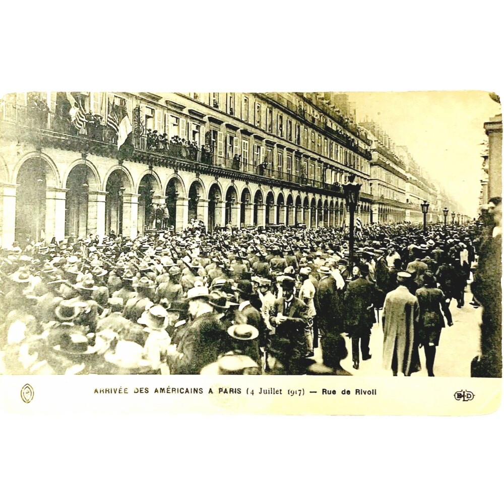 RPPC Photo Postcard WW1 Americans Arrive Paris 1917 Rue de Rivoli St Military